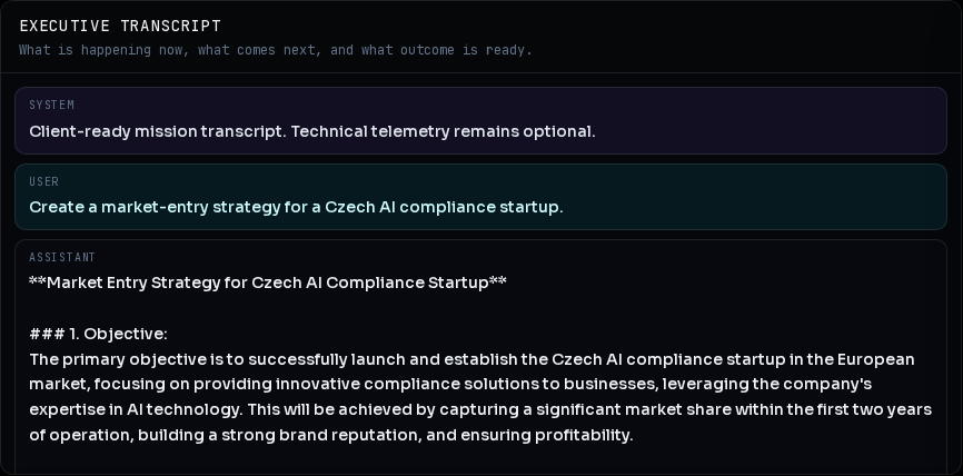 Runtime V3 executive transcript showing controlled skill execution